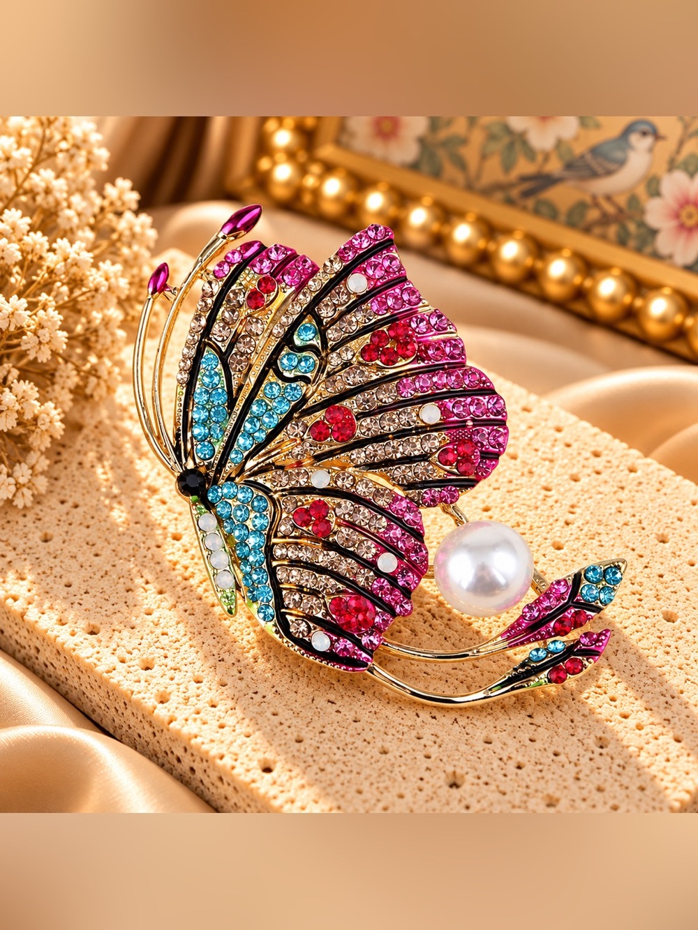 Multicolor Crystal Butterfly Pearl Statement Brooch